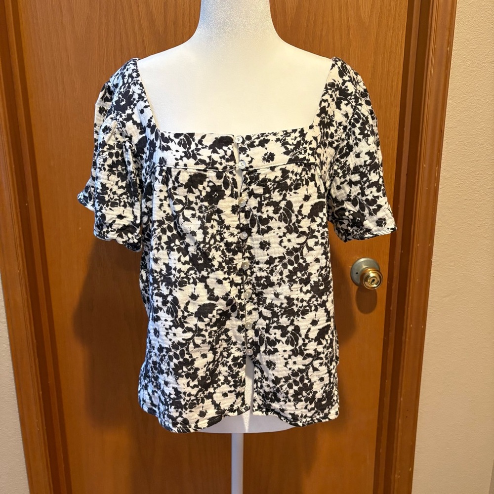Rails Floral Black and White Women's Linen Top